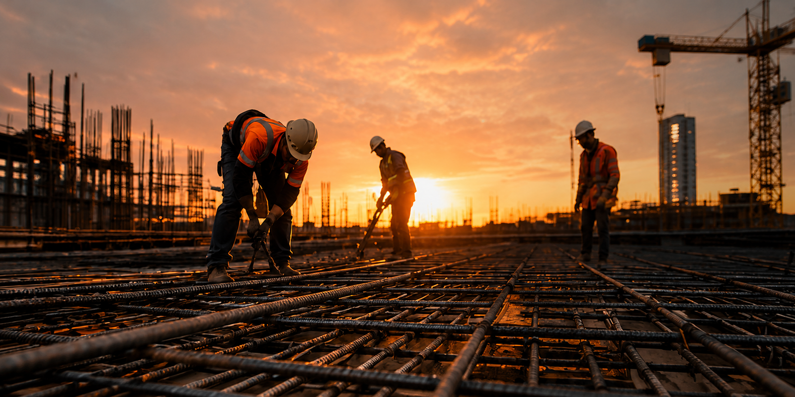 Construction site at sunset with steel workers